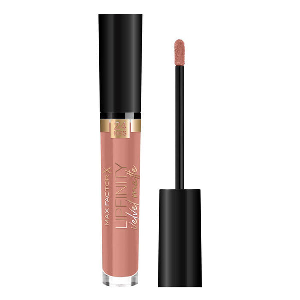 Max Factor Lipfinity Velvet Matte Lip Gloss in shade 040 Luxe Nude, a long-lasting liquid lipstick with a soft velvet matte finish in a warm nude tone, presented in a sleek transparent tube with a black cap.