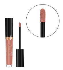 Max Factor Lipfinity Velvet Matte Lip Gloss in shade 040 Luxe Nude, a long-lasting liquid lipstick with a soft velvet matte finish in a warm nude tone, presented in a sleek transparent tube with a black cap.