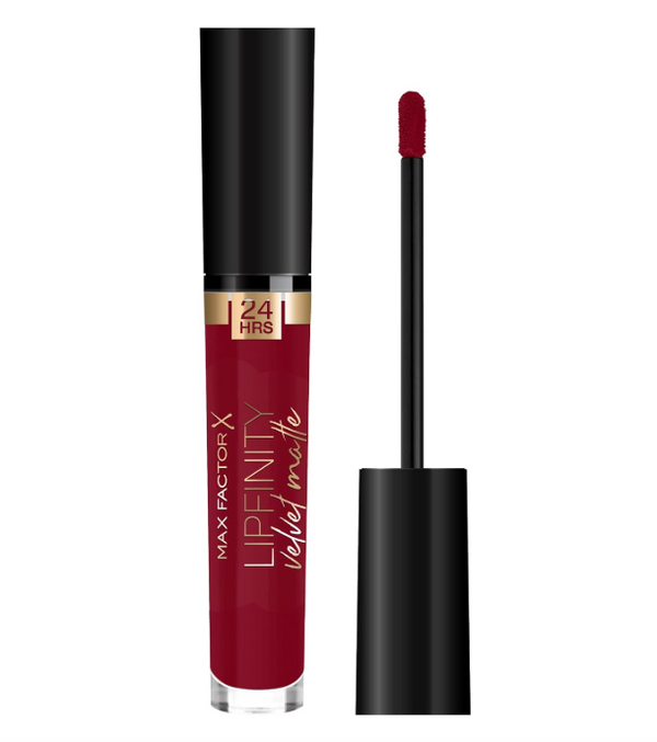 Max Factor Lipfinity Velvet Matte Lipstick in 090 Red Allure with a lightweight, long-lasting velvet matte formula in a bold red shade.