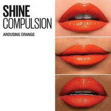 Maybelline Color Sensational Shine Compulsion Lipstick in shade 080 Arousing Orange with a vibrant orange hue and glossy, moisturizing finish in sleek lipstick packaging.