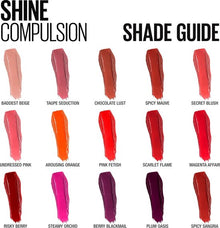 Maybelline Color Sensational Shine Compulsion Lipstick in shade 080 Arousing Orange with a vibrant orange hue and glossy, moisturizing finish in sleek lipstick packaging.