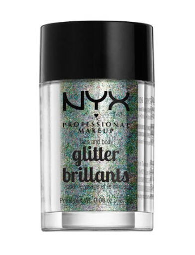 NYX Professional Makeup Face And Body Glitter Brilliants in 06 Crystal featuring loose cosmetic glitter in a compact jar for eye, face, and body makeup looks.