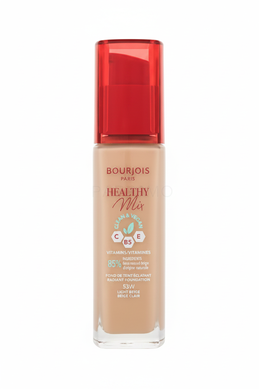 Bourjois Healthy Mix Clean Foundation in shade 53W Light Beige with a natural radiant finish and lightweight coverage.