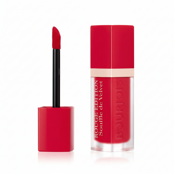 Bourjois Lipstick in shade 06 Cherry Leaders displayed in its lipstick bullet, featuring a creamy formula with rich cherry color and a smooth finish.