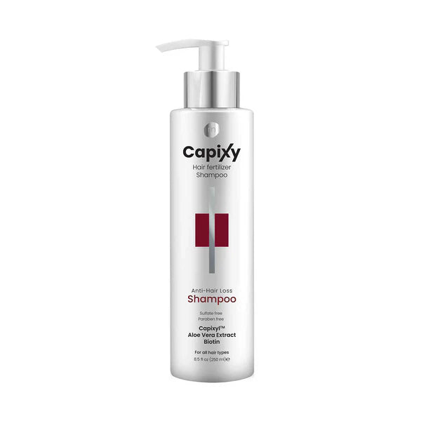 Capixy Hair Fertilizer Shampoo 250ml Nourishing Hair Growth Shampoo displayed in its bottle, featuring a nourishing shampoo formulated to cleanse the hair and scalp.