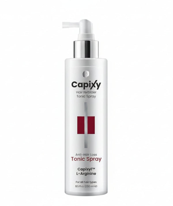 Capixy Hair Fertilizer Tonic Spray 250ml displayed clearly, highlighting the product packaging, name, size, and hair growth care purpose.