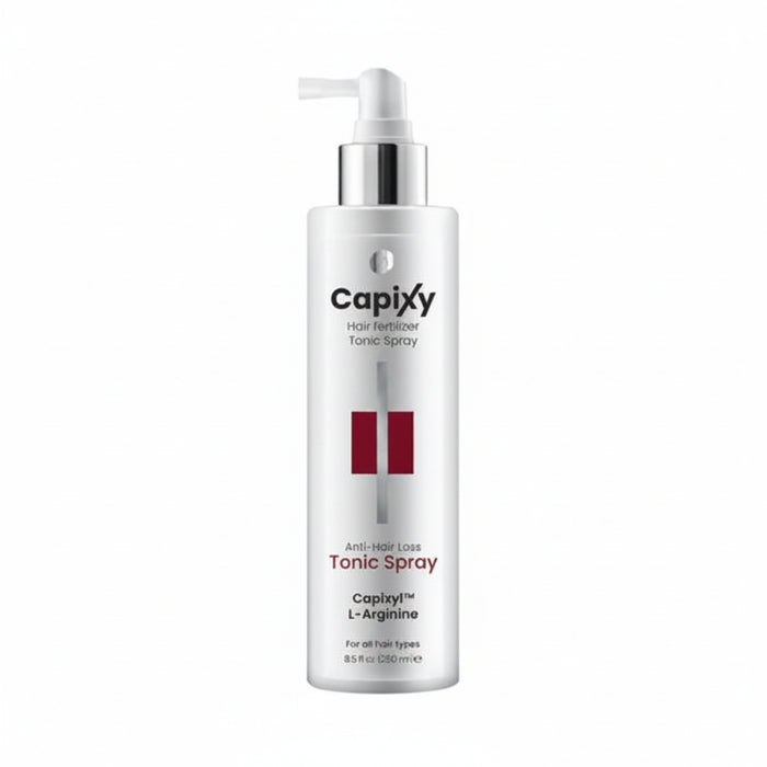 Capixy Hair Fertilizer Tonic Spray 250ml displayed clearly, highlighting the product packaging, name, size, and hair growth care purpose.