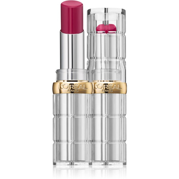 Open L'Oréal Color Riche Shine Lipstick in 464 Color Hype highlighting the vibrant lipstick shade, glossy finish, and elegant gold-toned packaging.