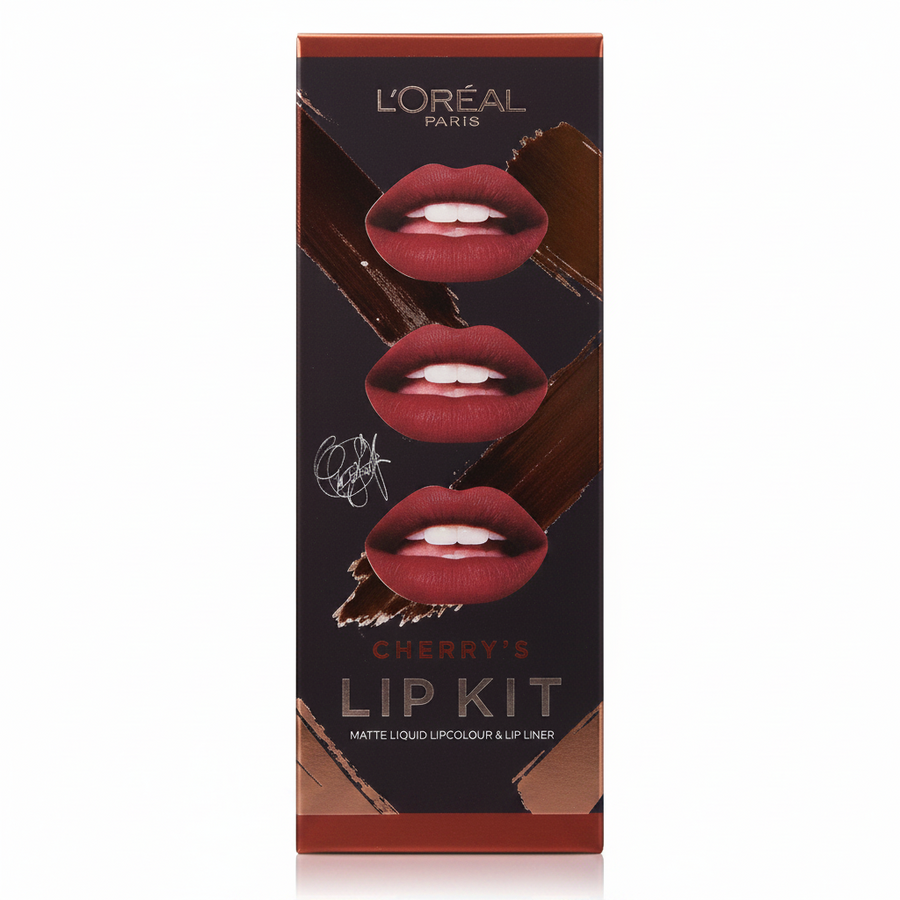 L'Oréal Paris Cheryl's Lip Kit in shade Paint It Burgundy displayed as a lip kit, featuring a matching lipstick and lip liner for a coordinated lip look.