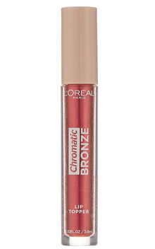 L'Oréal Paris Chromatic Bronze Lip Topper in shade 04 Red Tonic shown with the applicator removed, highlighting its precision doe-foot applicator and shimmering gloss formula.