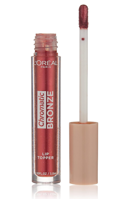 L'Oréal Paris Chromatic Bronze Lip Topper in shade 04 Red Tonic displayed in its tube, featuring a shimmering lip topper with a glossy, light-reflecting finish.