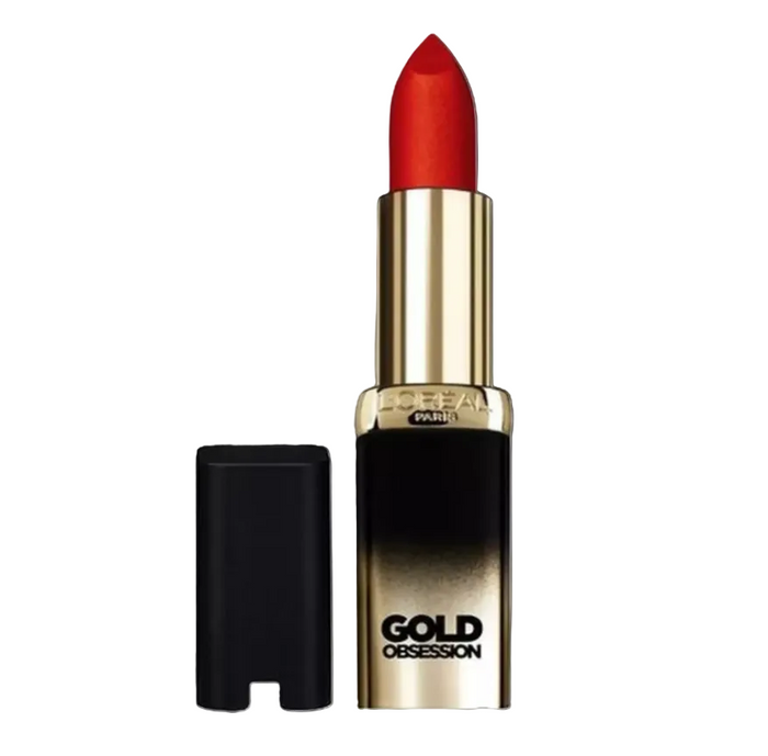 L'Oréal Paris Color Riche Lipstick in shade Rouge Gold Obsession X3 displayed in its lipstick bullet, featuring a richly pigmented lipstick with a smooth satin finish.