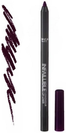 Swatch of L'Oréal Paris Infaillible Longwear Lip Liner in shade 107 Dark River showcasing its deep berry-burgundy color, creamy texture, and rich pigmentation.