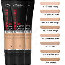 L'Oréal Paris Infallible 24H Matte Cover Foundation in shade 175 Sand shown with the cap removed, highlighting the liquid foundation formula and easy-to-use tube packaging.