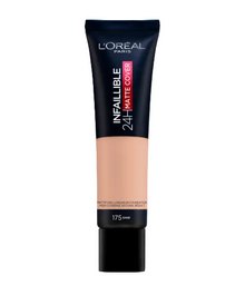 L'Oréal Paris Infallible 24H Matte Cover Foundation in shade 175 Sand displayed in its tube, featuring a long-lasting foundation formula with full coverage and a matte finish.