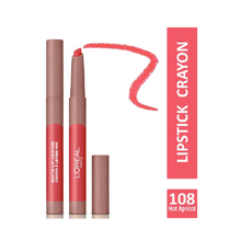 L'Oréal Paris Infallible Lip Crayon in shade 108 Hot Apricot with rich apricot color and a smooth matte finish.
