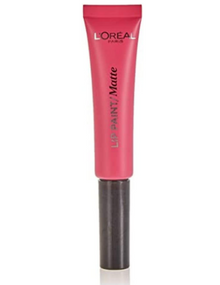 L'Oréal Paris Infallible Matte Lip Paint in shade 202 King Pink shown with its applicator, highlighting the creamy liquid formula for precise and even lip application.