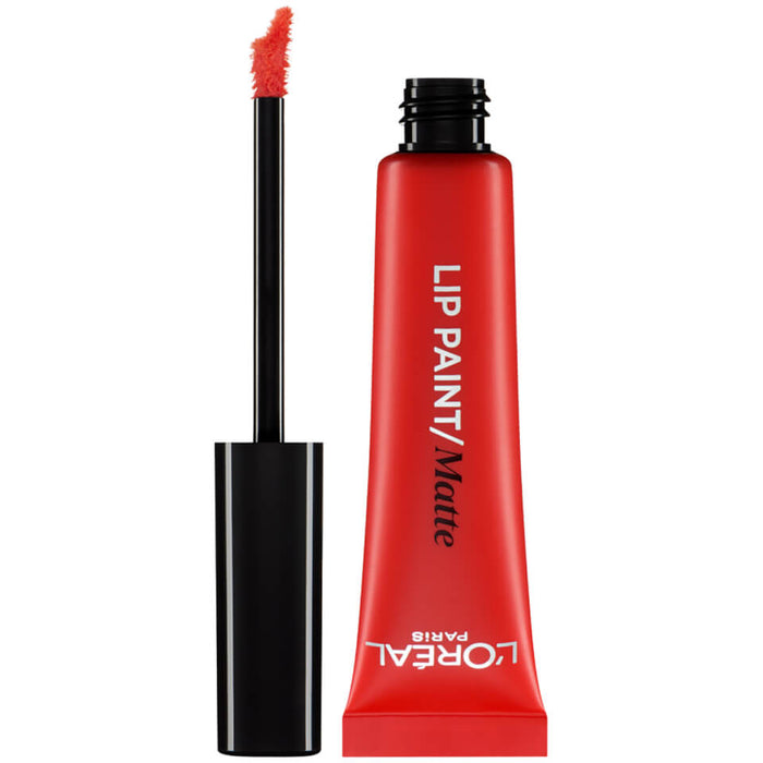 L'Oréal Paris Lip Paint Matte in shade 203 Tangerine Vertigo displayed in its tube, featuring a highly pigmented liquid lipstick with a matte finish.