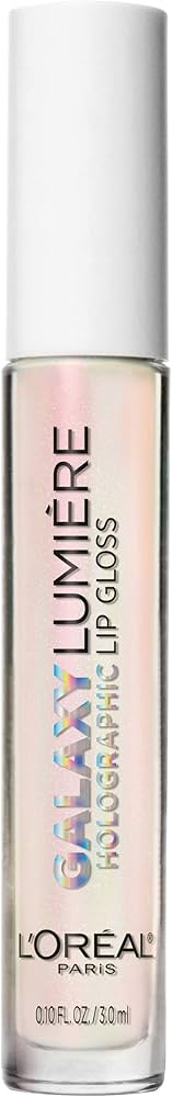 L'Oréal Paris Lumière Galaxy Holographic Lip Gloss in shade 01 Opal Light shown with its applicator, highlighting the smooth gloss formula and precise wand.