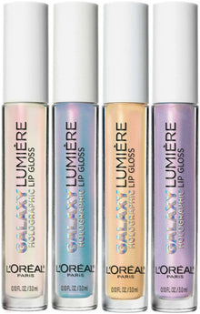 Swatch of L'Oréal Paris Lumière Galaxy Holographic Lip Gloss in shade 01 Opal Light showcasing its opalescent holographic effect, reflective shimmer, and high-shine finish.