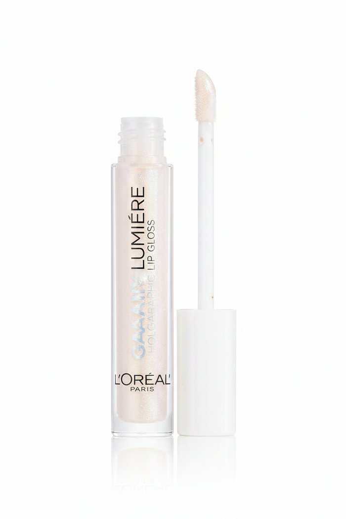 L'Oréal Paris Lumière Galaxy Holographic Lip Gloss in shade 01 Opal Light displayed in its tube, featuring a multidimensional holographic gloss with a luminous finish.