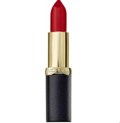 L'Oréal Paris Matte Lipstick in shade 349 Paris Cherry with rich cherry red color and a velvety matte finish.