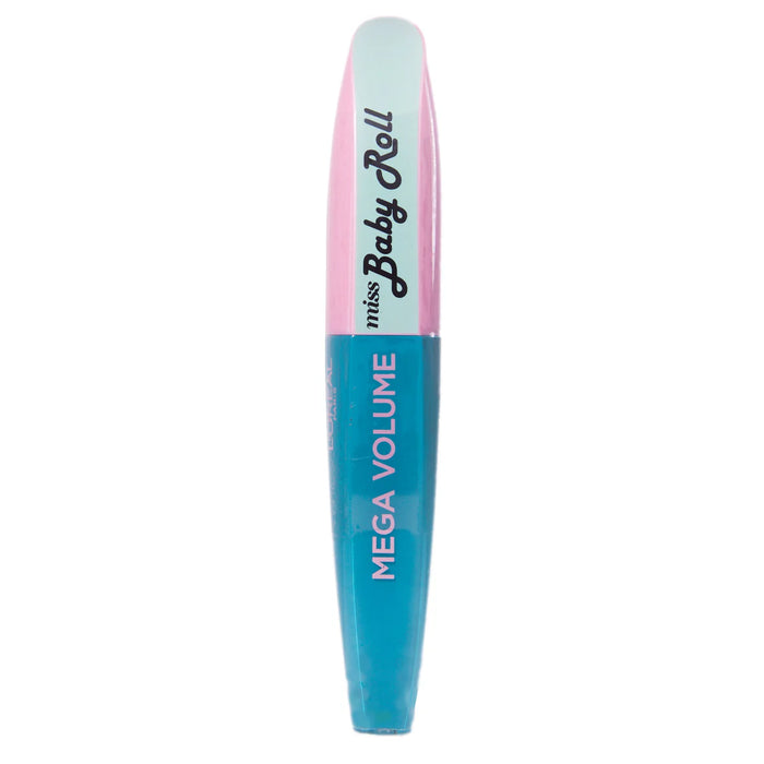 L'Oréal Paris Mega Volume Miss Baby Roll Mascara in shade Teal Blue displayed in its tube, featuring a volumizing mascara with a vibrant teal blue color.