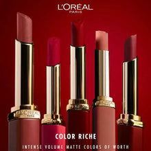 L'Oréal Color Riche Matte Lipstick in 300 Rouge Confident delivering bold red color with comfortable all-day wear.