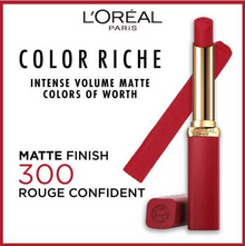 L'Oréal Color Riche Matte Lipstick in 300 Rouge Confident delivering bold red color with a smooth matte finish.