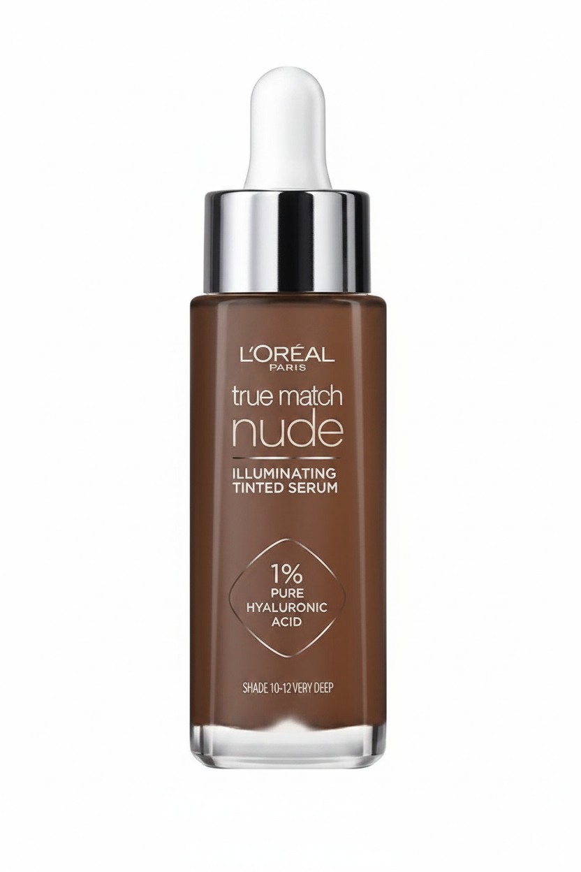 L'Oréal True Match Nude Plumping Tinted Serum in shade 10–12 Very Deep with lightweight coverage and a natural radiant finish.