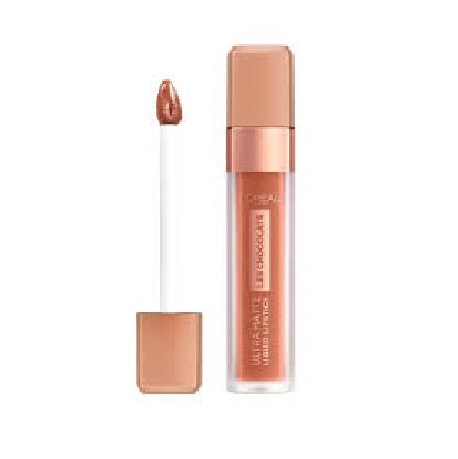 L'Oréal Ultra Matte Liquid Lipstick Les Chocolates in shade 848 Dose of Cocoa with rich cocoa brown color and a velvety matte finish.