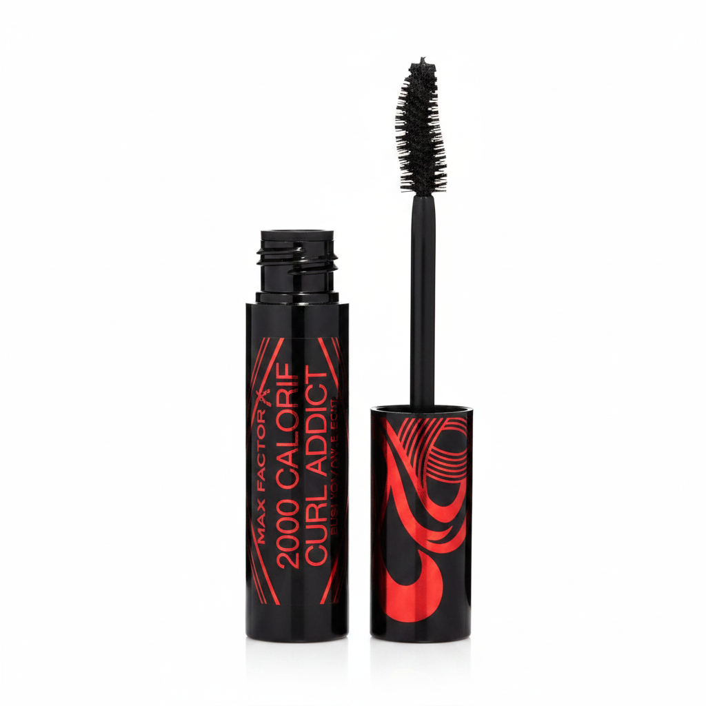 Max Factor 2000 Calorie Curl Addict Mascara in Black featuring a curling mascara with a precision brush designed to coat, lift, and define lashes.