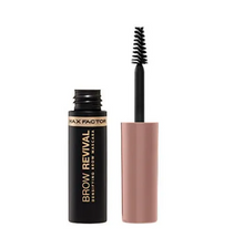 Close-up of Max Factor Brow Revival Densifying Brow Mascara in shade 001 Dark Blonde showcasing the precision spoolie applicator and tinted brow gel formula.