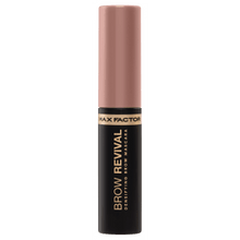 Max Factor Brow Revival Densifying Brow Mascara in 001 Dark Blonde featuring a tinted brow gel with a precision spoolie brush for fuller-looking, defined brows.
