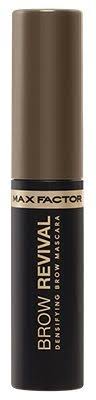 Close-up of Max Factor Brow Revival Densifying Brow Mascara in shade 002 Soft Brown showcasing the precision spoolie applicator and lightweight tinted brow gel.