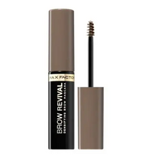 Max Factor Brow Revival Densifying Brow Mascara in 002 Soft Brown featuring a tinted brow gel with a precision spoolie brush for fuller-looking, defined brows.