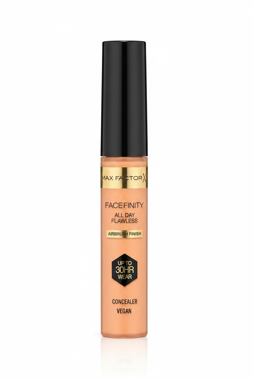 Max Factor Facefinity All Day Flawless Concealer in shade 050 displayed in its tube, featuring a lightweight liquid concealer with smooth, buildable coverage.