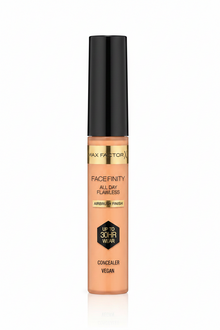 Max Factor Facefinity All Day Flawless Concealer in shade 050 displayed in its tube, featuring a lightweight liquid concealer with smooth, buildable coverage.