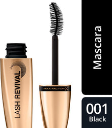 Max Factor Lash Revival Mascara in Black highlighting the precision brush and creamy mascara formula for defined, fuller-looking lashes.