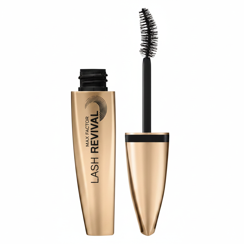 Max Factor Lash Revival Mascara in Black featuring a volumizing mascara with a precision brush designed to coat, define, and separate lashes evenly.