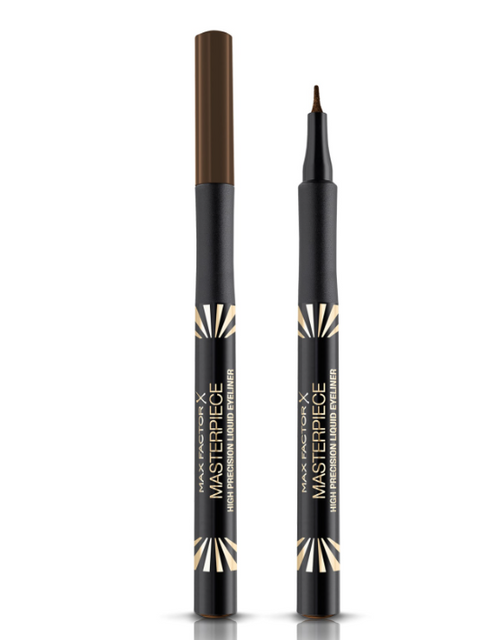 Max Factor Masterpiece High Precision Liquid Eyeliner in Chocolate displayed in its packaging, featuring a high-precision liquid eyeliner with a rich chocolate brown formula.