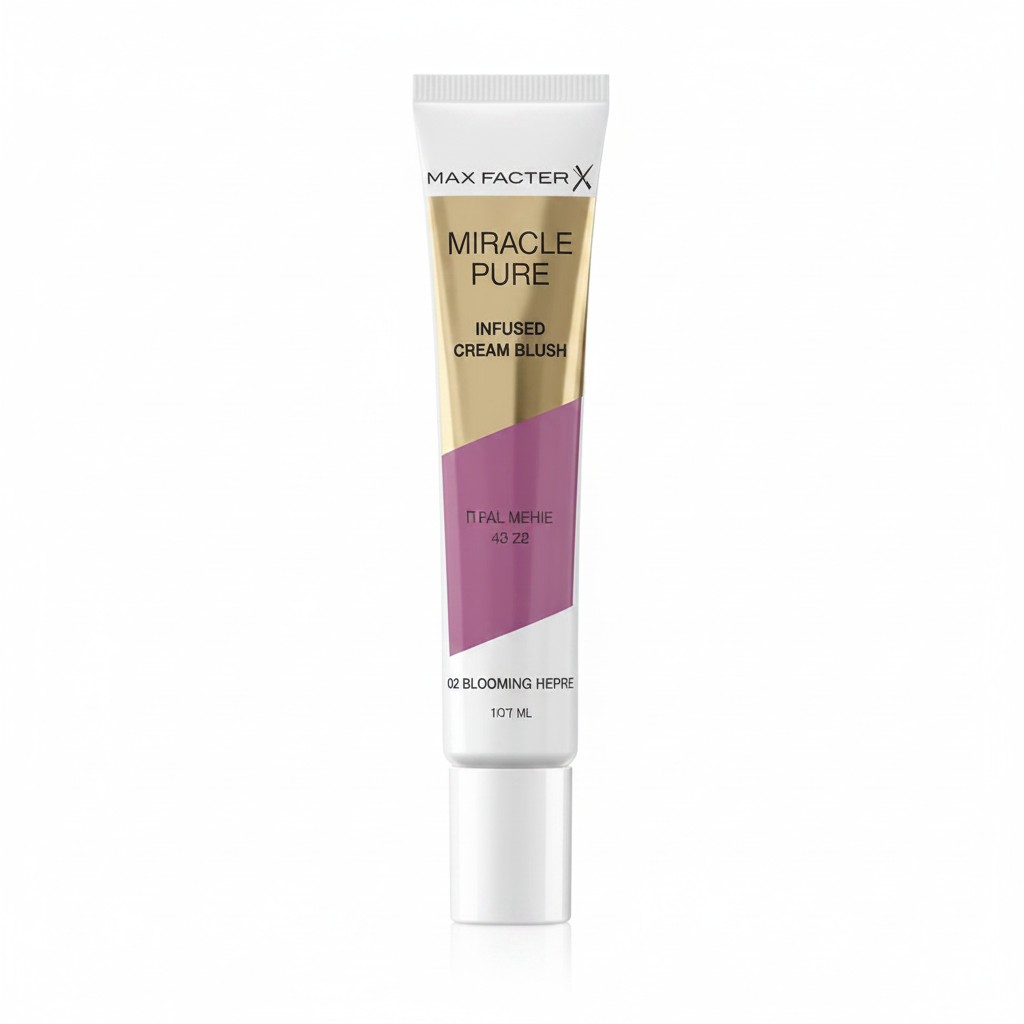 Max Factor Miracle Pure Infused Cream Blush in 04 Blooming Berry featuring a lightweight cream blush with a smooth, blendable formula for a fresh, healthy-looking glow.