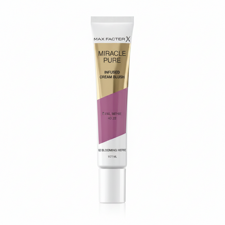 Max Factor Miracle Pure Infused Cream Blush in 04 Blooming Berry featuring a lightweight cream blush with a smooth, blendable formula for a fresh, healthy-looking glow.