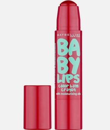 Angled view of Maybelline Baby Lips Color Balm Crayon Candy Red showcasing its easy-to-use crayon design.