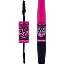 Maybelline Big Eyes Mascara in shade Black shown with its mascara wand, highlighting the dual-brush applicators for precise upper and lower lash application.