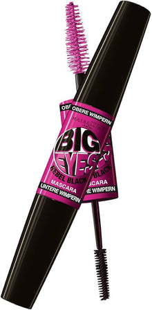 Close-up of the dual brush design of Maybelline Big Eyes Mascara in shade Rebel Black, showcasing the applicators for precise upper and lower lash definition.