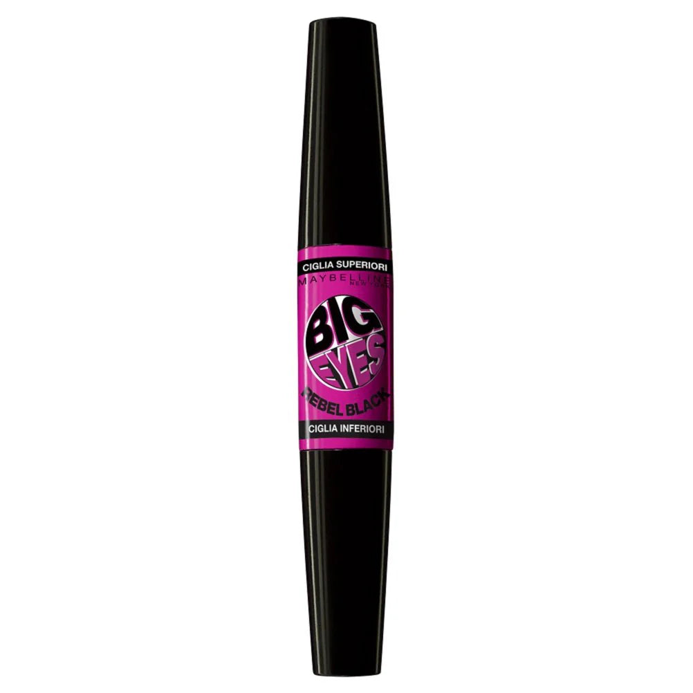 Maybelline Big Eyes Mascara in shade Rebel Black displayed in its tube, featuring a dual-ended mascara designed to define upper and lower lashes.