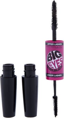 Maybelline Big Eyes Mascara in shade Rebel Black shown with its mascara wand, highlighting the dual-brush applicators for upper and lower lash application.