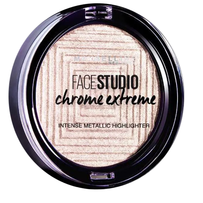 Maybelline Chrome Extreme Intense Metallic Highlighter in shade 200 Diamond Glow with an ultra-reflective powder formula and intense metallic glow.