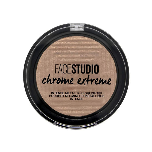 Maybelline Chrome Extreme Intense Metallic Highlighter in shade 300 Sandstone Shimmer with an ultra-reflective powder formula and intense metallic glow.